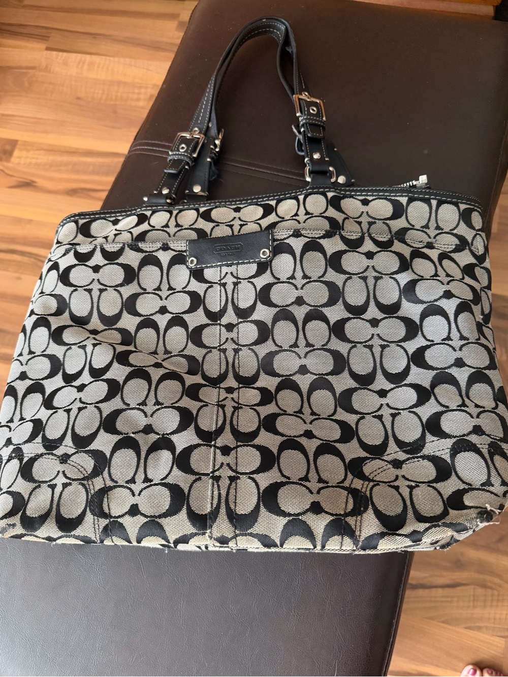 Coach Black and Gray Signature Tote with Leather Straps